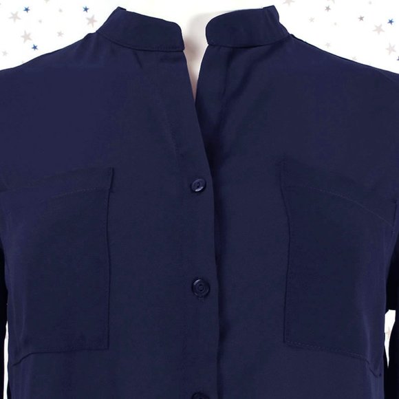 Woven Chiffon Button Up Hi Lo Blouse Shirt Navy - Picture 4 of 8